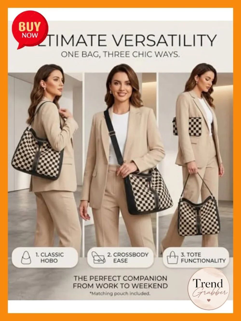 Checkered PU Leather Hobo Crossbody Tote Bag with Shoulder Strap
